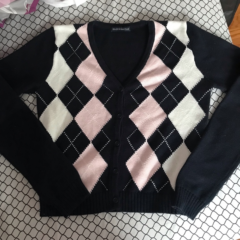 Brandy Melville pink Elizabeth argyle cardigan sweater